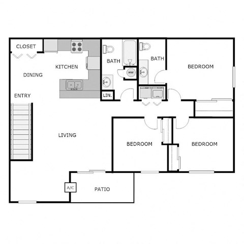 Floor plan for 3 beds, 1.5 baths, 1249 sqft
